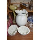 MIXED LOT: 2 CERAMIC JELLY MOULDS, WASH JUG AND A COMPOSITION PLANT STAND