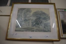 COLOURED PRINT OF A MILL SCENE FRAMED AND GLAZED