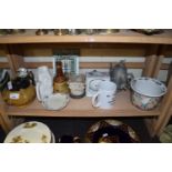 MIXED LOT TO INCLUDE WADE WHISKY BELL, VARIOUS CERAMICS, SILVER PLATED TEAPOT ETC
