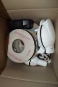 BOX OF MIXED ROLLS OF ELECTRIC CABLE, LAMPS ETC