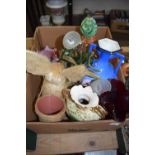 BOX OF VARIOUS ASSORTED GLASS AND CERAMIC VASES, RABBIT ORNAMENTS ETC