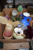 BOX OF VARIOUS ASSORTED GLASS AND CERAMIC VASES, RABBIT ORNAMENTS ETC