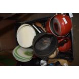 1 BOX VARIOUS SAUCEPANS, KITCHEN WARES ETC