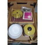 BOX OF MIXED ITEMS TO INCLUDE CATHERINE HOLM OF NORWAY ENAMEL SAUCEPANS, FURTHER KETTLE AND BOXED