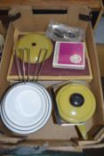 BOX OF MIXED ITEMS TO INCLUDE CATHERINE HOLM OF NORWAY ENAMEL SAUCEPANS, FURTHER KETTLE AND BOXED
