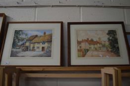 JOHN E KEY THE FOX INN TOGETHER WITH A FURTHER VILLAGE STREET SCENE, WATER COLOURS FRAMED AND GLAZED
