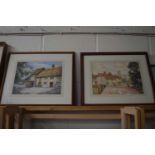 JOHN E KEY THE FOX INN TOGETHER WITH A FURTHER VILLAGE STREET SCENE, WATER COLOURS FRAMED AND GLAZED