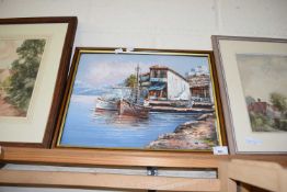 CONTINENTAL CONTEMPORARY STUDY OF A HARBOUR SCENE OIL ON BOARD INDESTINCTLY SIGNED, FRAMED