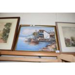 CONTINENTAL CONTEMPORARY STUDY OF A HARBOUR SCENE OIL ON BOARD INDESTINCTLY SIGNED, FRAMED