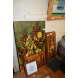 MIXED LOT: LAQUERED FLORAL DECORATED WOODEN PANELS, ROLAND SMITH COLOURED PRINT ETC
