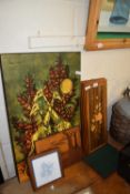 MIXED LOT: LAQUERED FLORAL DECORATED WOODEN PANELS, ROLAND SMITH COLOURED PRINT ETC