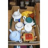 BOX VARIOUS ASSORTED TEAPOTS TO INCLUDE DOULTON NORFOLK, DENBY GREEN WHEAT ETC