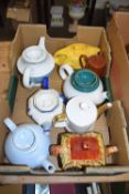 BOX VARIOUS ASSORTED TEAPOTS TO INCLUDE DOULTON NORFOLK, DENBY GREEN WHEAT ETC