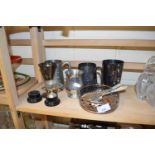 MIXED LOT: VARIOUS SILVER PLATED TANKARDS, SMALL TROPHIES, BOTTLE STAND ETC