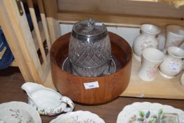 CUT GLASS BISCUIT BARREL WITH SILVER PLATED STAND AND MOUNTS TOGETHER WITH A WOODEN FRUIT BOWL