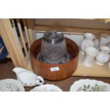 CUT GLASS BISCUIT BARREL WITH SILVER PLATED STAND AND MOUNTS TOGETHER WITH A WOODEN FRUIT BOWL