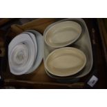 BOX OF MIXED DINNERWARES TO INCLUDE BEEFEATER PLATES, DENBY SERVING DISHES ETC