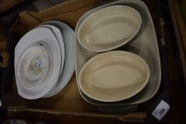 BOX OF MIXED DINNERWARES TO INCLUDE BEEFEATER PLATES, DENBY SERVING DISHES ETC
