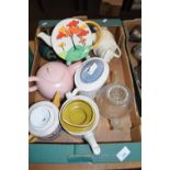BOX OF VARIOUS ASSORTED TEAPOTS TO INCLUDE WEDGEWOOD AND OTHERS