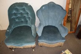 LATE VICTORIAN BLUE UPHOLSTERED BUTTON BACK ARMCHAIR TOGETHER WITH A FURTHER BLUE UPHOLSTERED LOW