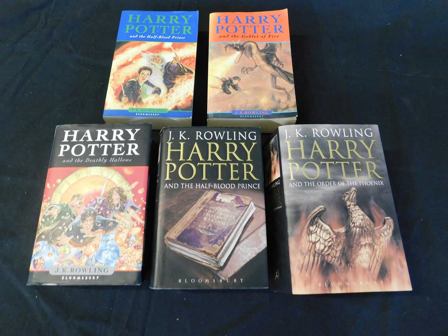 Small box: J K ROWLING: 5 Harry Potter titles, 3 hardbacks and 2 paperbacks (5)