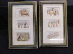 Set of 6 colourful playful pig picture postcards in 2 glazed frames