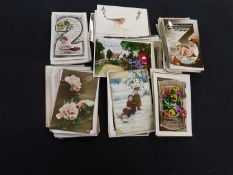 Box: assorted glossy greetings picture postcards, some with postmark interest including rubber and
