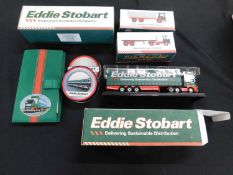 Small box Eddie Stobart collectibles including Volvo FH Fridge Trailor, H 4663 and Scania Topliner