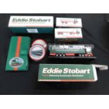 Small box Eddie Stobart collectibles including Volvo FH Fridge Trailor, H 4663 and Scania Topliner