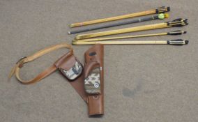 Modern brown leather archery arrow quiver with approx. 30 arrows