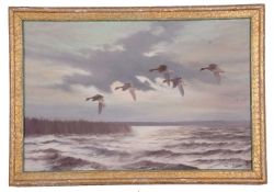 Wilfred Bailey (British, 20th century) A skein of geese over water, oil on canvas, signed, 20x29ins,
