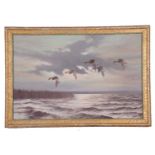Wilfred Bailey (British, 20th century) A skein of geese over water, oil on canvas, signed, 20x29ins,