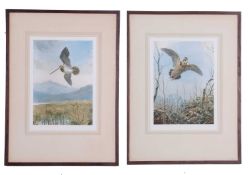 After John Cyril Harrison, A pair of prints featuring a woodcock and snipe breaking cover, framed