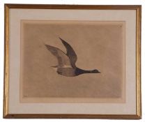 Robert Dunholm (British, 20th century), A pair of etchings depicting a goose and grouse in flight,