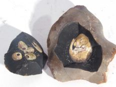 Painting of a Doormouse and acorns on a piece of flint with acorn finiall by M.Bignold.
