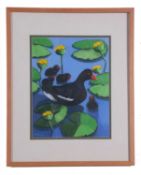 Bridget Parsons (British, Contemporary), Moorhen and chicks, gouache, signed. 14x10ins.