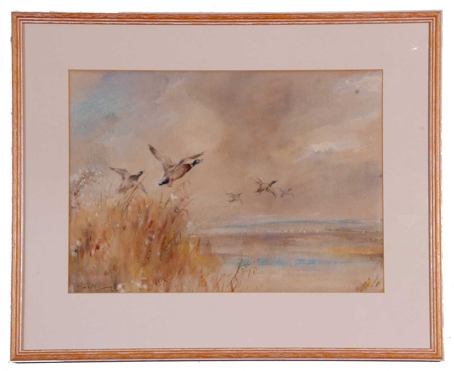 British School, 20th Century, Mallards breaking cover, inscribed verso, watercolour laid on paper,