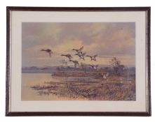Wilfred Bailey (British, 20th century) oil on board, Mallards over Malham Tarn, signed, framed and