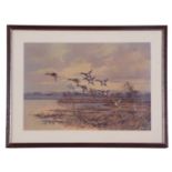 Wilfred Bailey (British, 20th century) oil on board, Mallards over Malham Tarn, signed, framed and