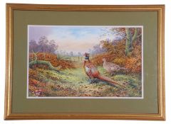 Carl Donner (British, Contemporary), Pheasants in an autumnal wooded landscape, watercolour, signed.