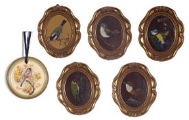 E.Howard (British, 20th Century), six miniature hand-painted ornithological studies on leather,