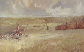 Michael Lyne (British, 1912-1989), Controlling the field, a huntsman riding with a pack of hounds,