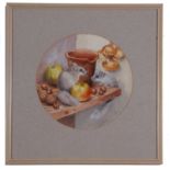 John Last (British, 20th Century), "Dormice and Apples", watercolour, signed lower right. 9x9ins,