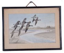 Richard Allan Richardson (British, 20th century), inshore flight of ducks and geese, watercolour,