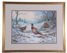 Carl Donner (British, Contemporary), Pheasant and Woodcock in a winter landscape, watercolour,