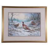 Carl Donner (British, Contemporary), Pheasant and Woodcock in a winter landscape, watercolour,