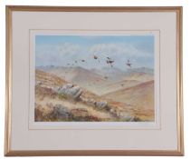 Richard Robjent (British, 20th Century), A flight of grouse over moorland, limited edition print,