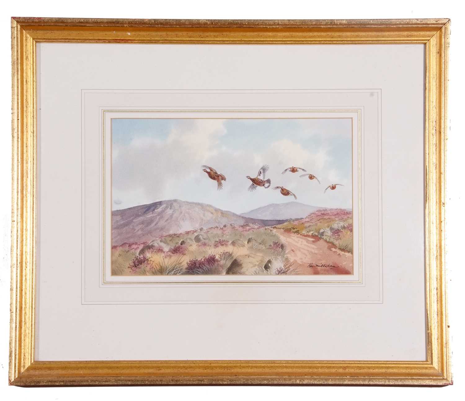 Robert W Milliken (Irish, 1920-2014), A covey of grouse over moorland, watercolour. signed.