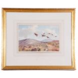 Robert W Milliken (Irish, 1920-2014), A covey of grouse over moorland, watercolour. signed.