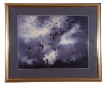 Simon T. Trinder (British, contemporary) Geese in flight by moonlight, watercolour, signed and dated